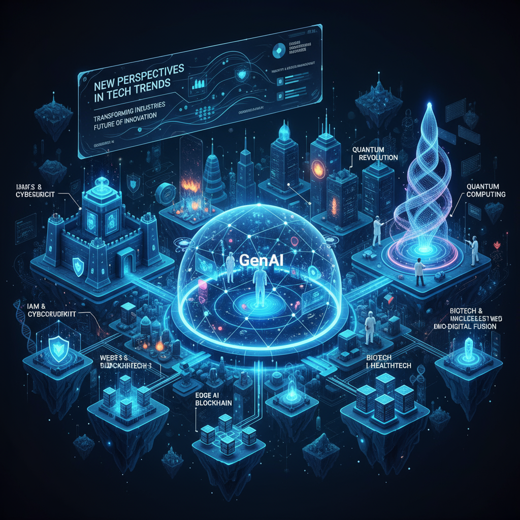 an image showing new perspectives about technology trends and providing a clear idea about topics such as GenAI, IAM, Cybersecurity, quantum computing and more. 